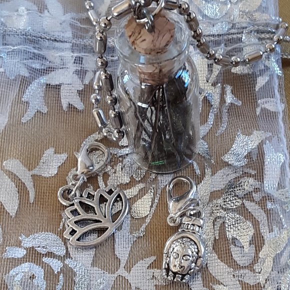 Peacock Feather Glass Bottle Necklace Buddha Hand Lotus Dream Zip Pull Handmade - Picture 8 of 15